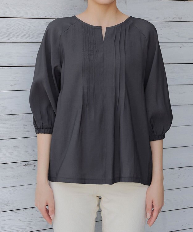 Tiaclasse L 【洗える】ラグランタックブラウス チャコールグレー