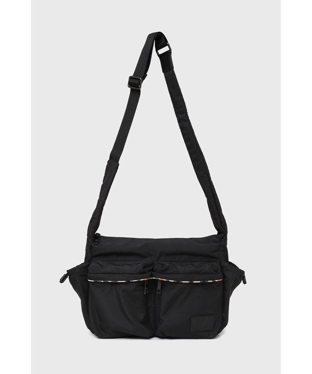 DAKS ナイロン×牛革 ハウスチェックディテール フラップショルダーバッグ ブラック