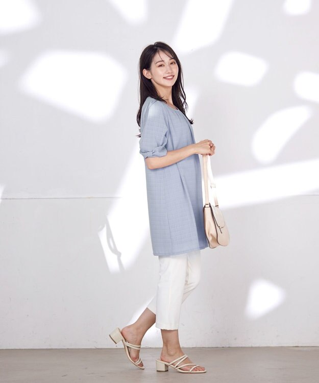 Tiaclasse L 【洗える】シアーチェックリボン袖チュニックブラウス グレー