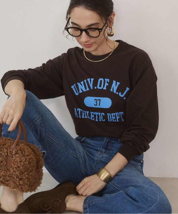 WEGO 【ANGIE VINTAGE】GILDAN カレッジロゴ オーバーサイズ プリント ロンT ブラウン