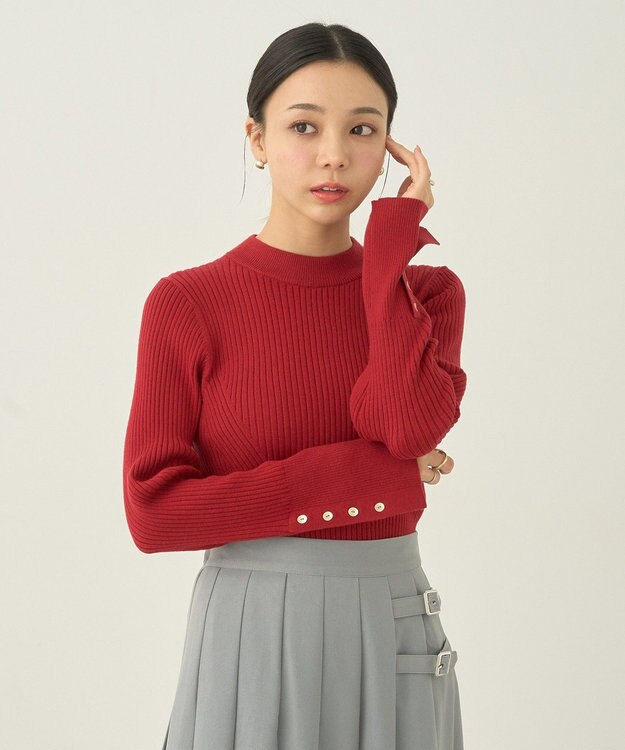 earth music&ecology スリーブ釦ニットプルオーバー Red