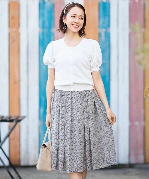 Tiaclasse L 【洗える】ひんやり心地良いパフ袖ニットカーディガン オフホワイト