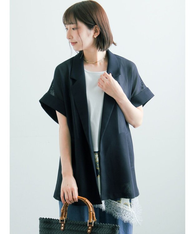 Te chichi 【イージーケア/マシンウォッシャブル】メッシュフレンチスリーブジャケット ネイビー