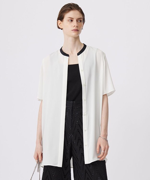 ICB L 【接触冷感・UVケア・速乾・洗える】BackSatinAmunzen バンドカラーチュニックブラウス オフホワイト系