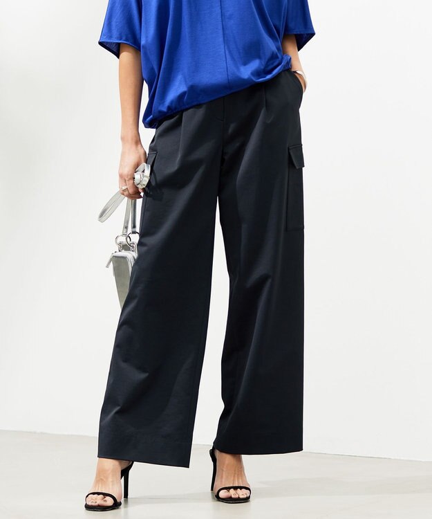 ICB 【UVカット・吸水速乾・洗える】シェルタリングドライサテン  ワイドストレートカーゴパンツ ブラック系