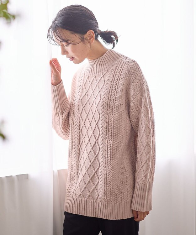 ANY L ソフトタッチケーブルニットチュニック ピンク