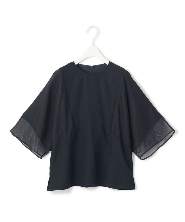 ICB 【UVケア・接触冷感・速乾・洗える】 FluidBackSatin  シアーコンビブラウス ネイビー系