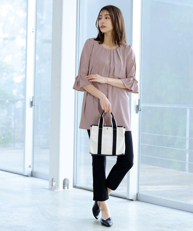 Tiaclasse L 【洗える】リボン付きタックスリーブチュニックブラウス グレージュ