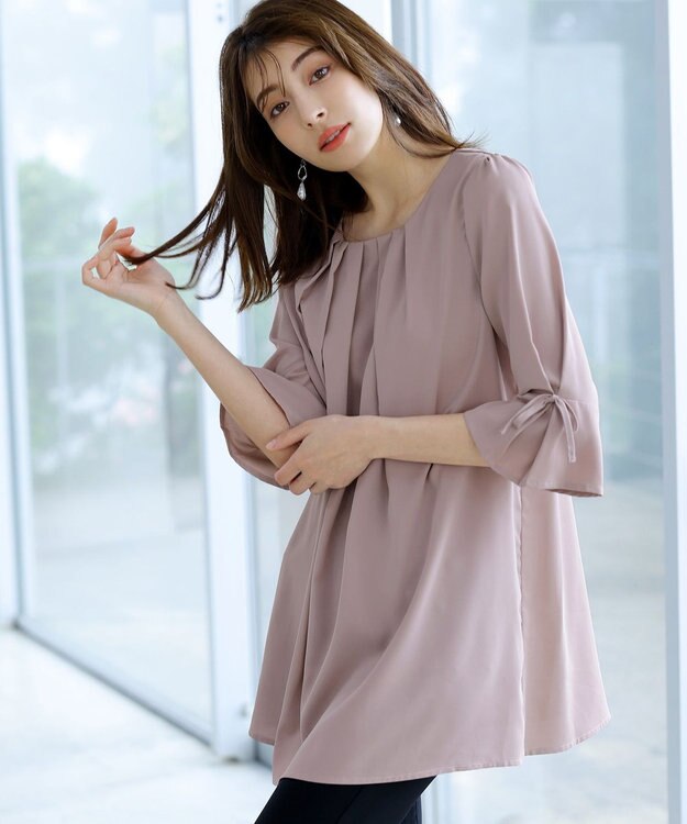 Tiaclasse L 【洗える】リボン付きタックスリーブチュニックブラウス グレージュ