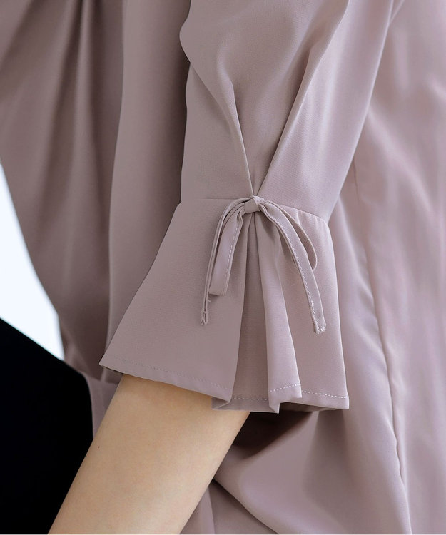 Tiaclasse L 【洗える】リボン付きタックスリーブチュニックブラウス グレージュ