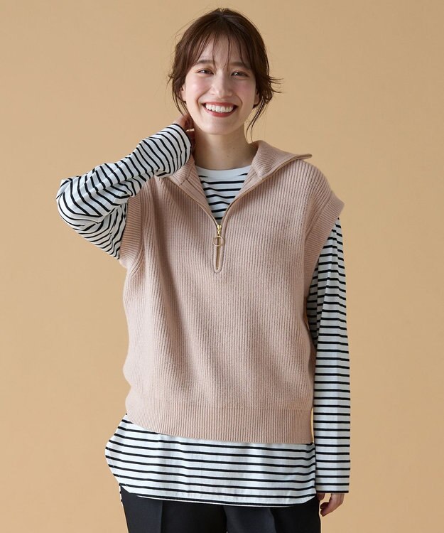 ANY L ハーフジップニットベスト サンドベージュ