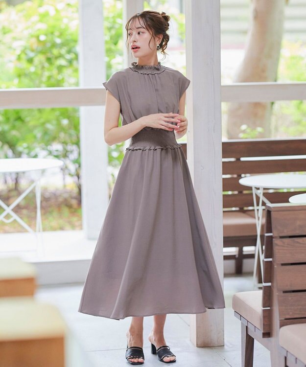 Tiaclasse 【洗える】麻調シャーリングハイネックワンピース モカ