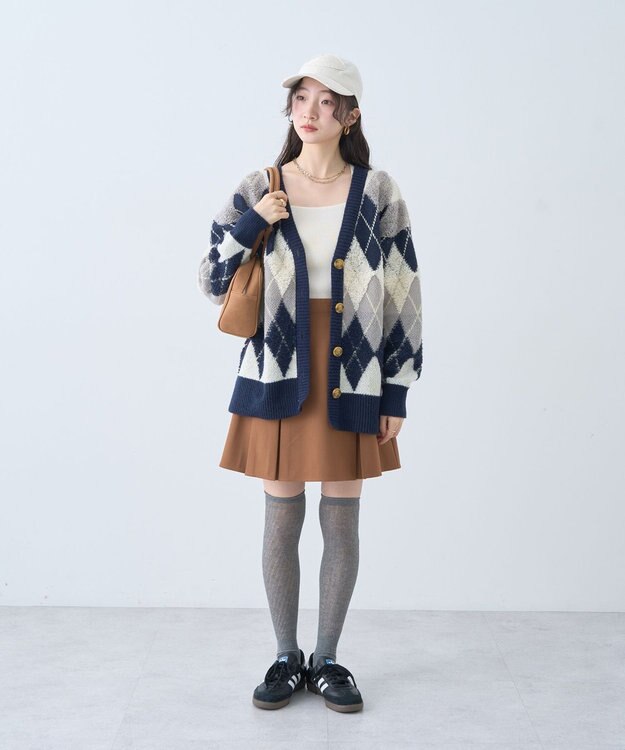 earth music&ecology ループ編みアーガイルカーディガン Navy