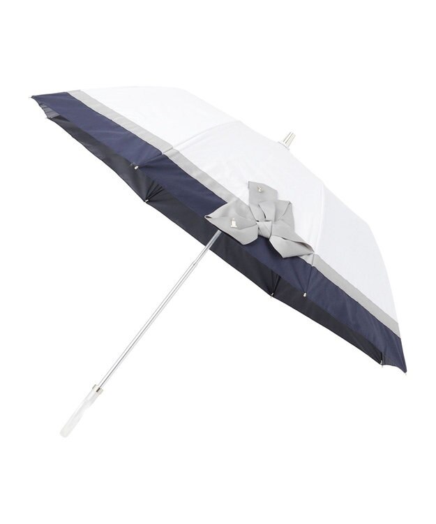 MOONBAT ランバン オン ブルー 晴雨兼用日傘 折りたたみ傘 切り継ぎビジューリボン 遮光 遮熱 UV オフホワイト