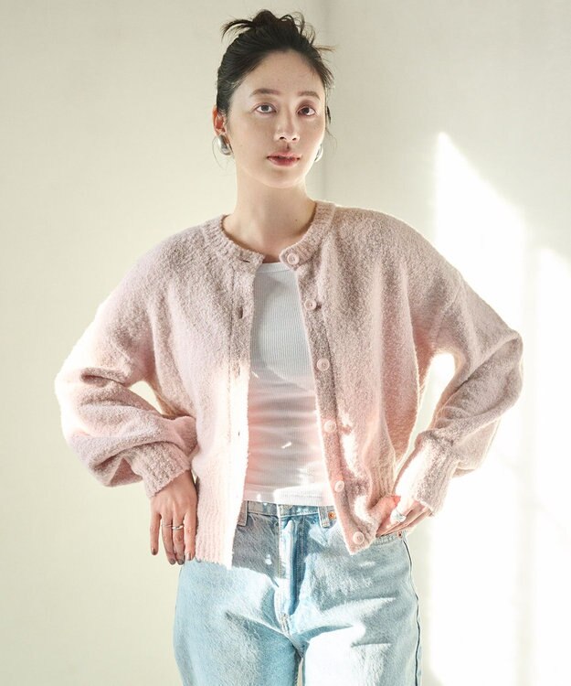 #Newans 【洗える】ボリュームスリーブニットカーディガン ピンク系