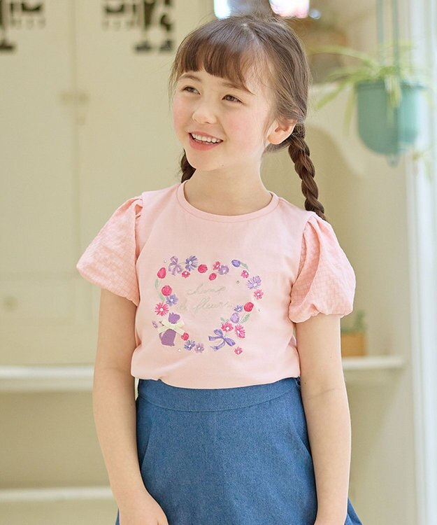 ANY KIDS フラワー 刺繍 Tシャツ ピンク