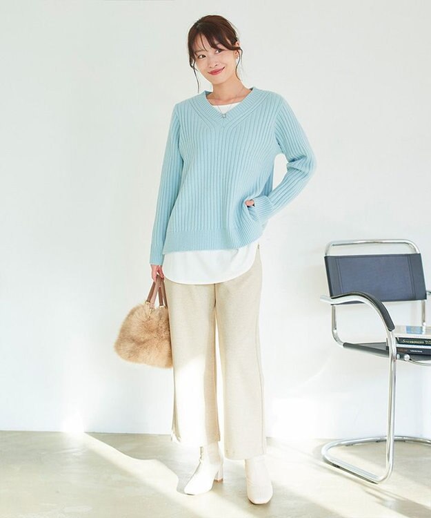 Tiaclasse L 【洗える】Vネックリブ編みニット サックス