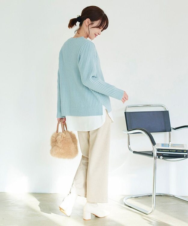 Tiaclasse L 【洗える】Vネックリブ編みニット サックス