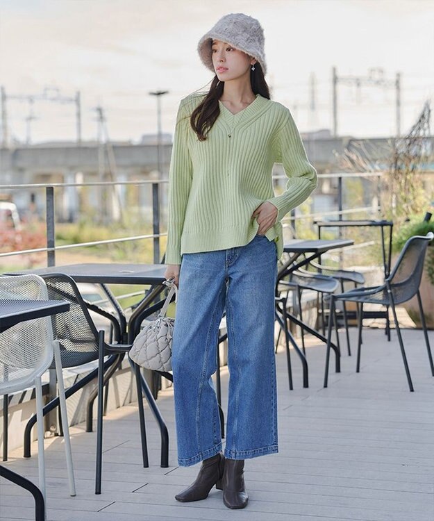 Tiaclasse L 【洗える】Vネックリブ編みニット ミント