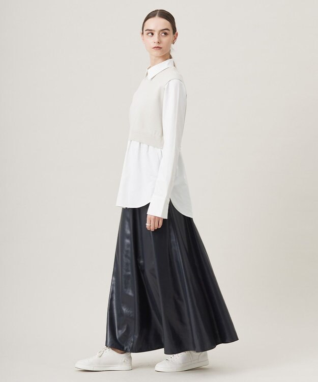 ICB L 【洗える】サテンワックスヴィンテージ フレアスカート ブラック系