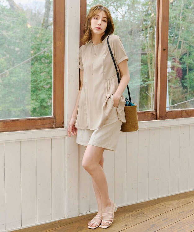 Tiaclasse 【新色追加・洗える】サイドプリーツチュニックブラウス ベージュ