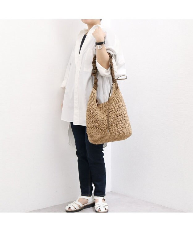 UNBILLION カシュカシュ cachecache / ドロストフリルハンドル地柄編みトート カゴバッグ ブラウン