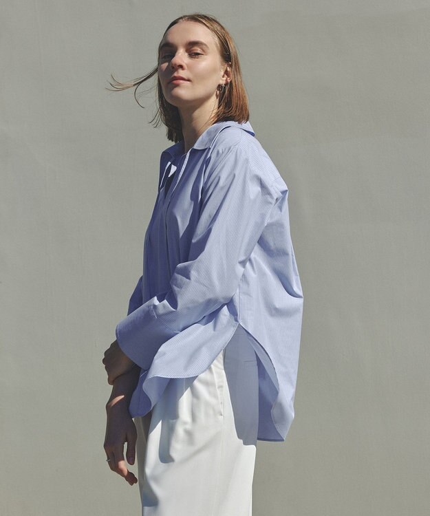 UNFILO スキッパーロングシャツ ブルーストライプ