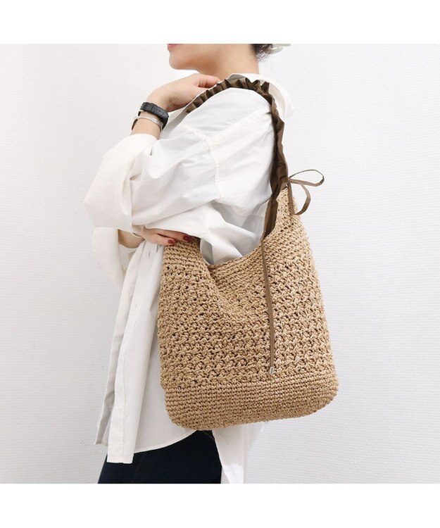 UNBILLION カシュカシュ cachecache / ドロストフリルハンドル地柄編みトート カゴバッグ ブラウン