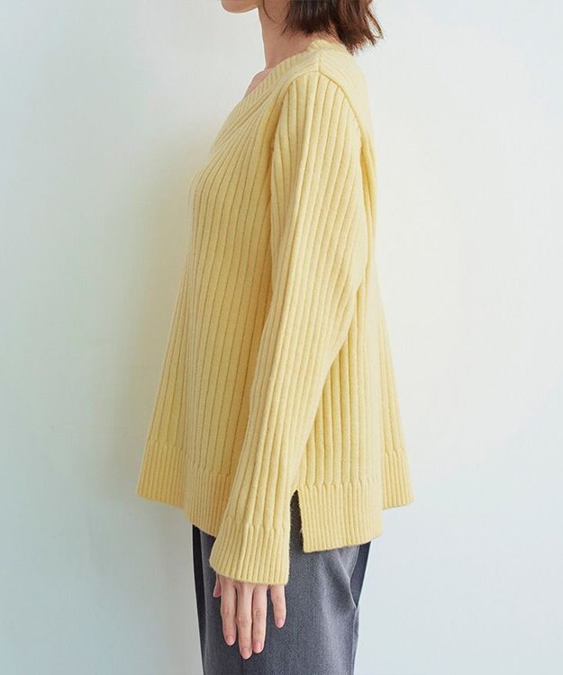 Tiaclasse L 【洗える】Vネックリブ編みニット イエロー