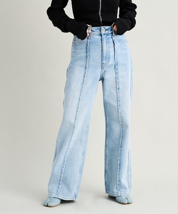 woadblue 【157】HW Semi Wide Flare TUCK Pants デニムパンツ LIGHT BLUE