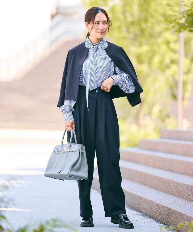 #Newans 【洗濯機可】ステッチデザインリボンタイブラウス ネイビーストライプ