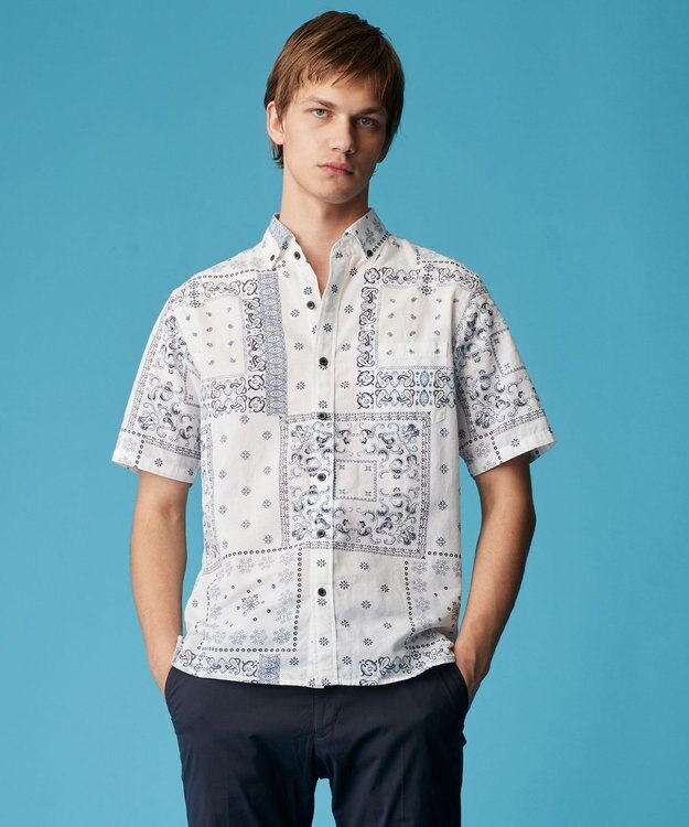 JOSEPH ABBOUD 【キングサイズ・サスティナブル素材】コットンリヨセルリネンバンダナプリント シャツ ホワイト系6