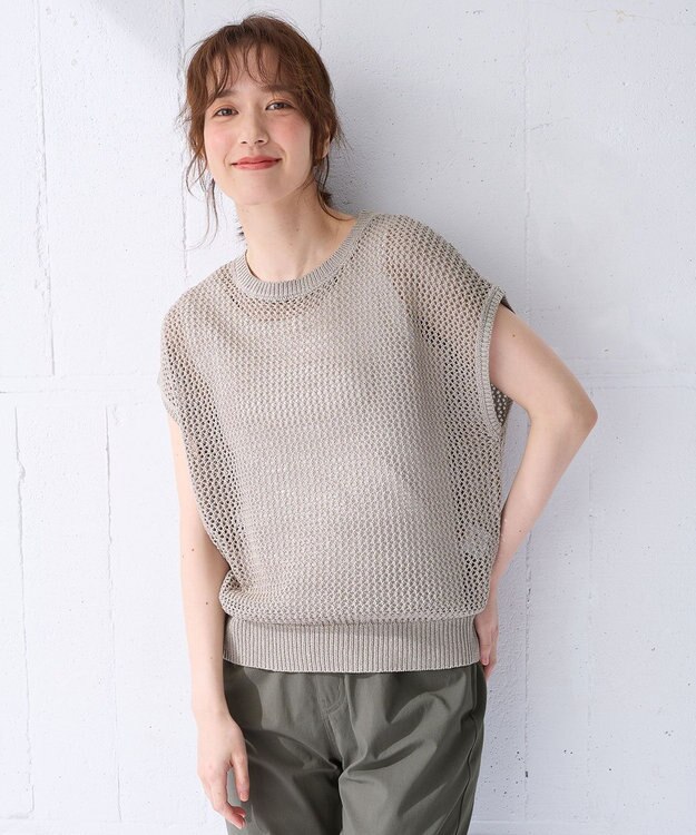 ANY フレンチスリーブメッシュニット グレージュ×ゴールド