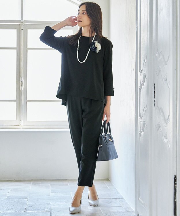 ANY 【ウエストゴム/ストレッチ/セットアップ可】イージィケアストレッチテーパードパンツ ブラック