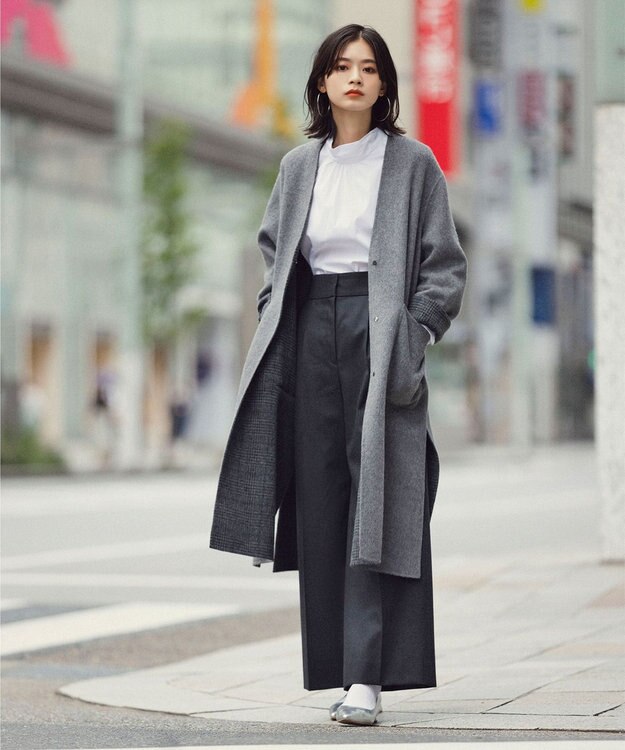 自由区 【リバーシブル】ウールリバー ノーカラーロングコート グレー系