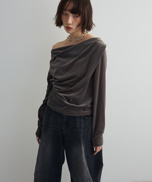 Green Parks シアーベロアオフショル長袖プルオーバー Gray