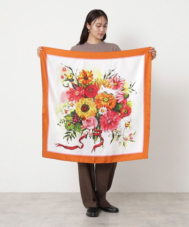 MOONBAT PAUL&JOE ACCESSOIRES(ポール & ジョー) シルクスカーフ 気球 ブーケ 88cm×88cm　手洗いOK オレンジ