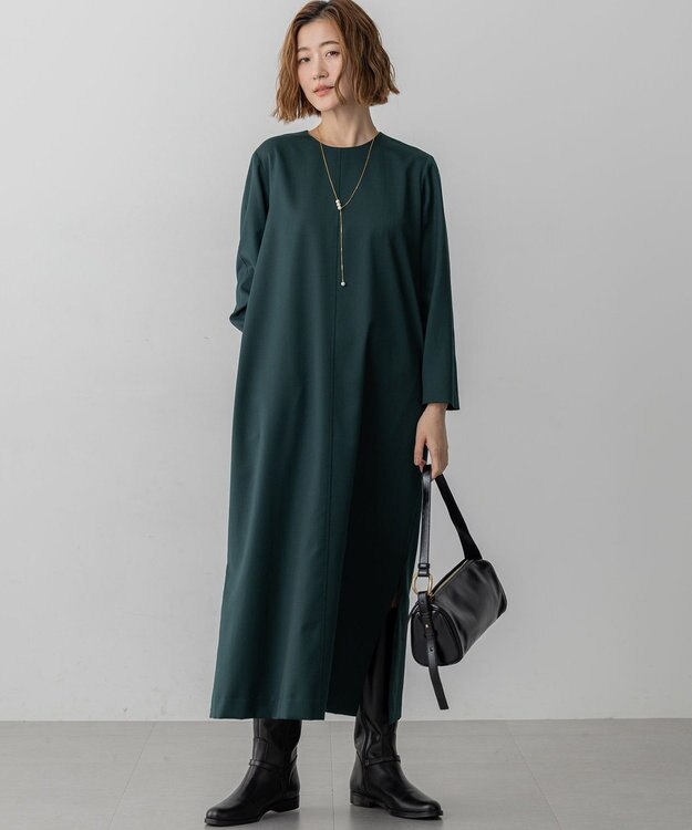 23区 L 【洗える】メリノウールサテン ワンピース グリーン系