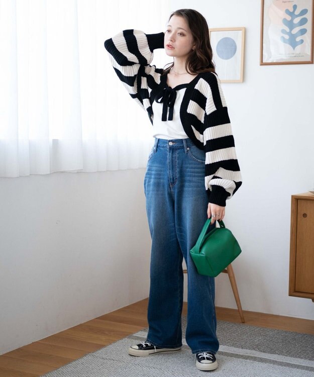 WEGO リボンニットボレロ ブラックボーダー