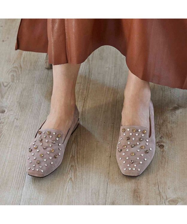 MODE ET JACOMO <MODE ET JACOMO>【軽量】ラインストーンスクエアトゥスリッポン ベージュスエード