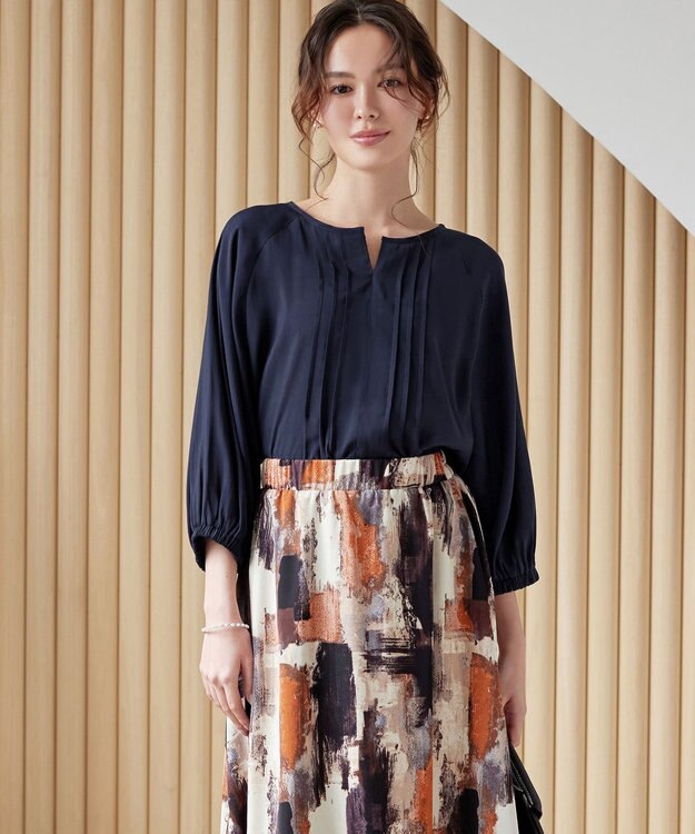 Tiaclasse L 【洗える】ラグランタックブラウス ネイビー