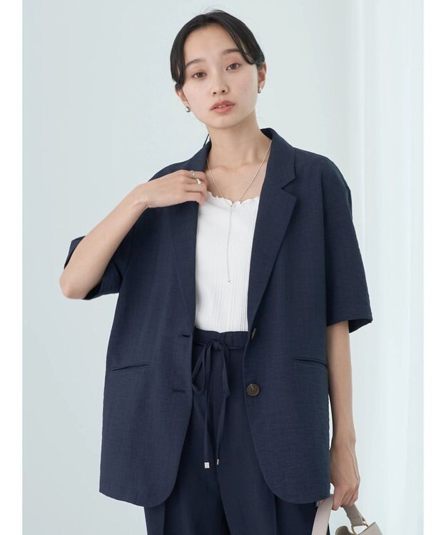 earth music&ecology リネンライク５分袖ジャケット Navy