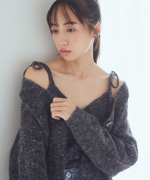 earth music&ecology ＳＥＴ２点ショートカーディガン＋肩リボンキャミソー Charcoal Gray