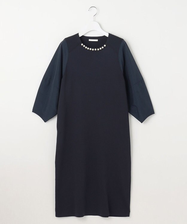 自由区 L 【洗える】パールディティールニット ワンピース ネイビー