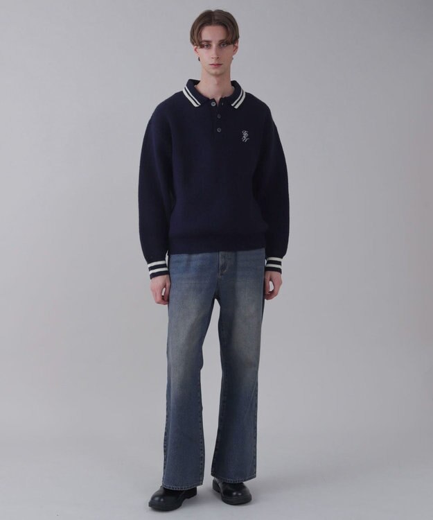 WEGO 【ユニセックス着用ITEM】ワンポイント刺繍ニットポロ ネイビー