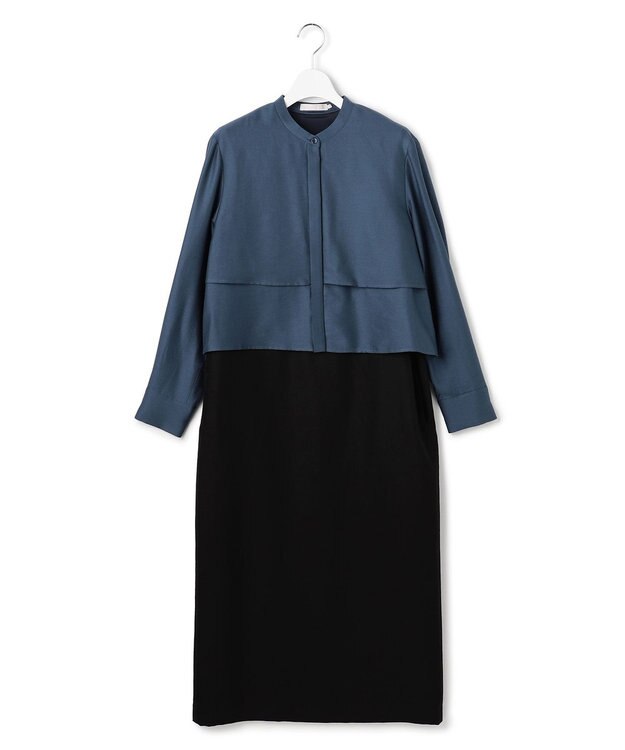 ICB 【洗える】ウールワッシャーツイル シャツドッキング ワンピース ブルーグレー×ブラック
