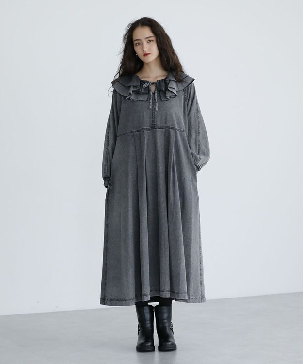 Green Parks ■ESCAR デニムラッフルカラーワンピース Gray