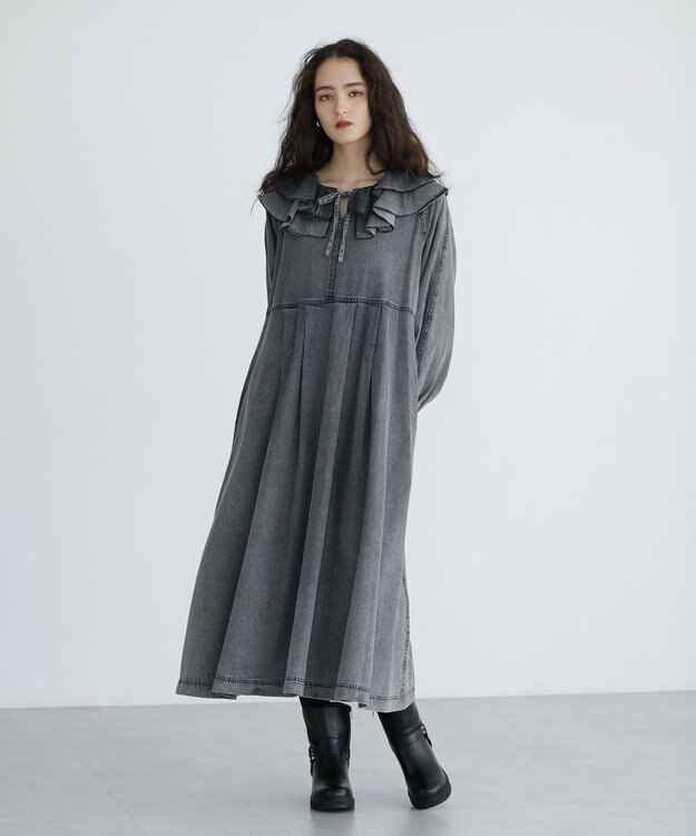 Green Parks ■ESCAR デニムラッフルカラーワンピース Gray