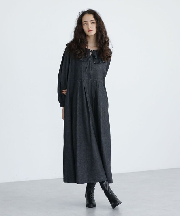 Green Parks ■ESCAR デニムラッフルカラーワンピース Black