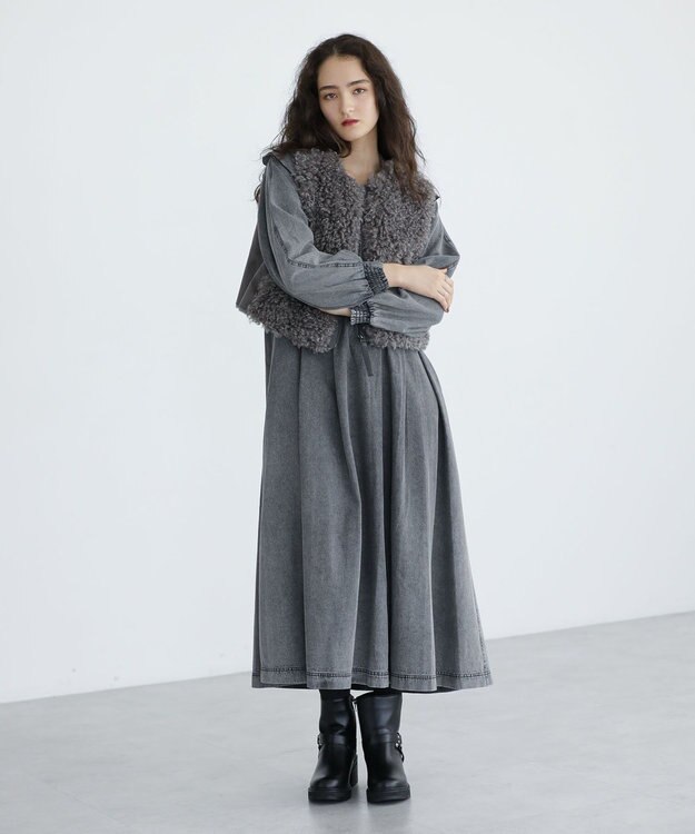 Green Parks ■ESCAR デニムラッフルカラーワンピース Gray